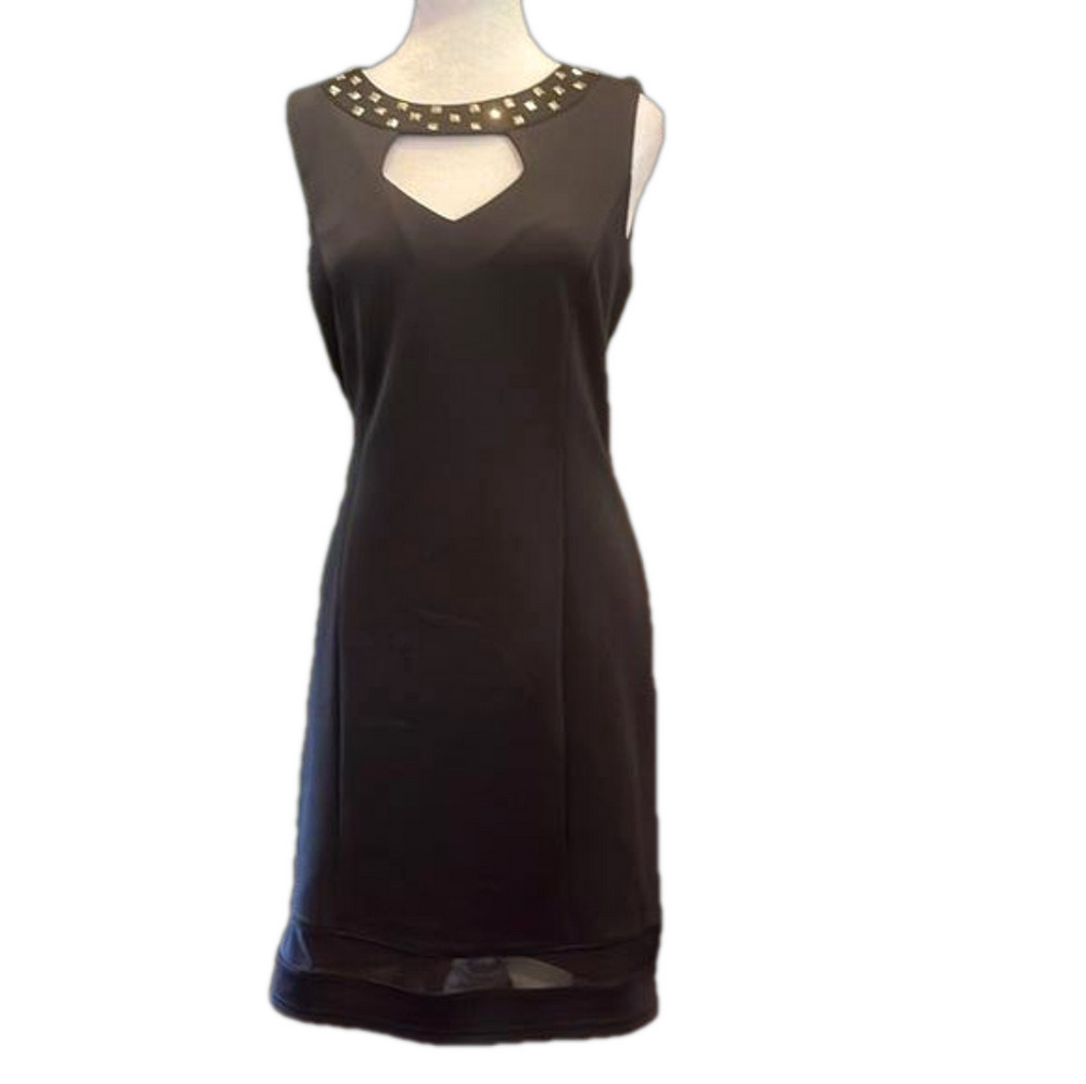 Spense black fitted Sz  12 dress with gold toned embellishments around collar